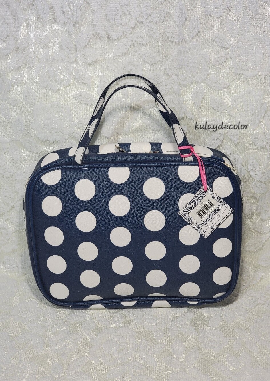 Dabney Lee Navy Blue White Polka Dot Cosmetic Travel Large Toiletry Bag Zip Tote